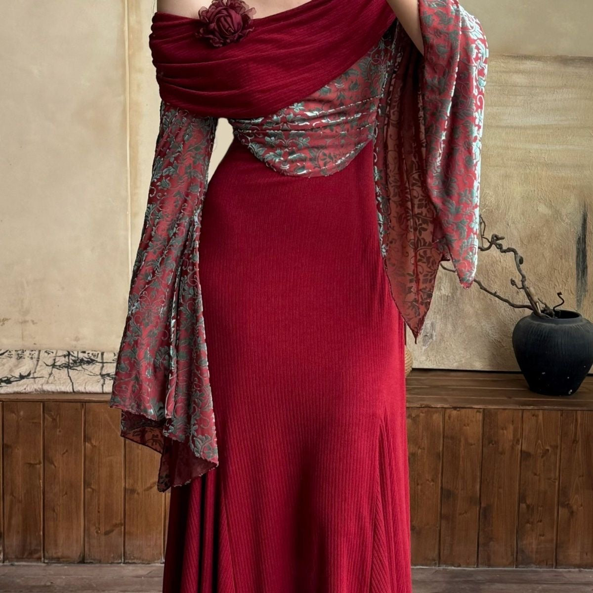 Red color-blocked knit dress