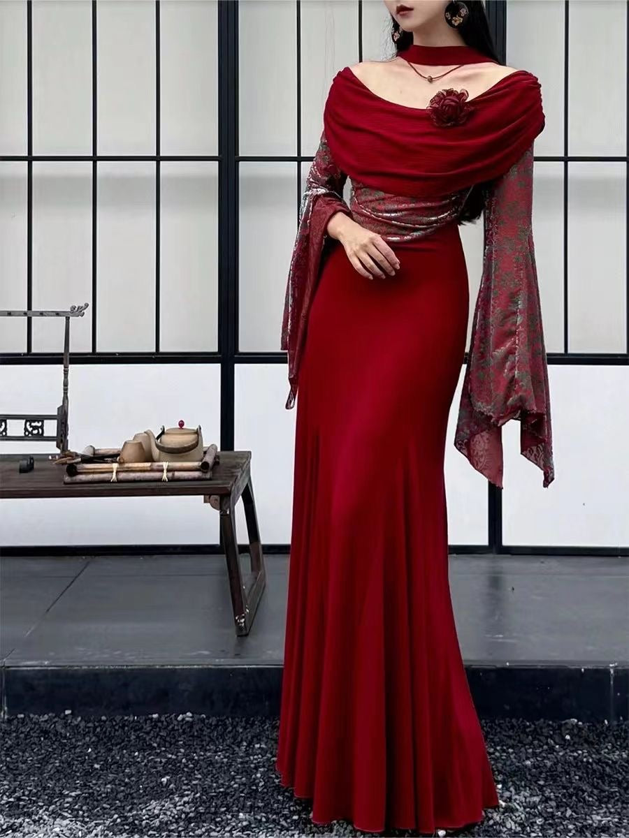 Red color-blocked knit dress