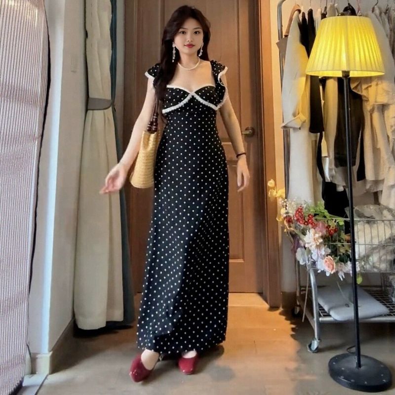 Lace polka dot maxi dress